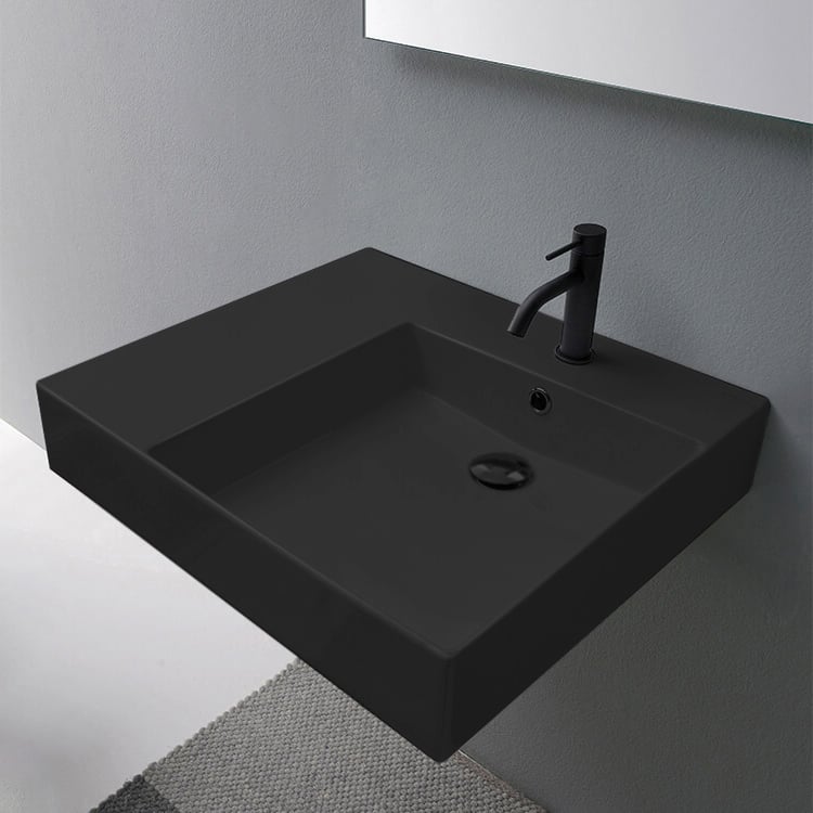 Scarabeo 5148-49 Matte Black Ceramic Wall Mounted or Vessel Sink With Counter Space